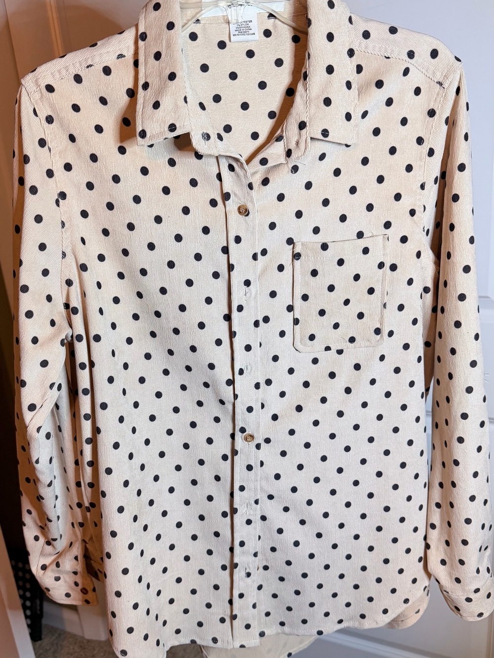 Cream Polka Dot Button-Down Shirt with Chest Pocket